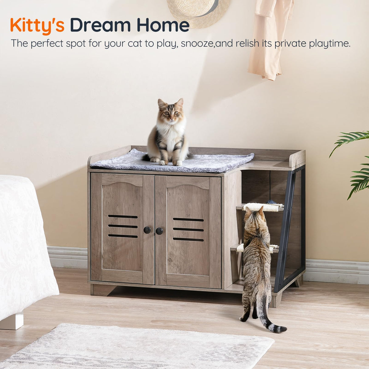 HOOBRO Cat Litter Box Enclosure with Ladder, Hidden Litter Box Furniture with Rechargeable 3-Color LED, Plush, Teaser Balls, 31.5" L x 18.9" W x 22.4" H, All-in-One, Black and Greige BG48MW01G1 HOOBRO