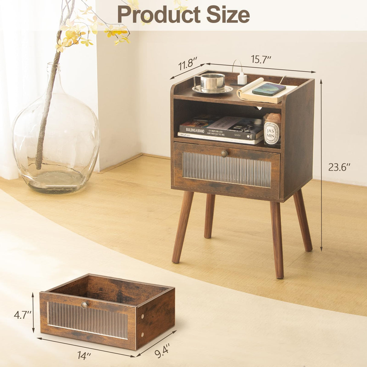 AWASEN Mid Century Night Stand with Charging Station, Wood Bedside Table with Glass Drawer, Small Modern Nightstand End Side Table with 2 Tiers Storage for Bedroom, Office(Rustic Brown) AWASEN