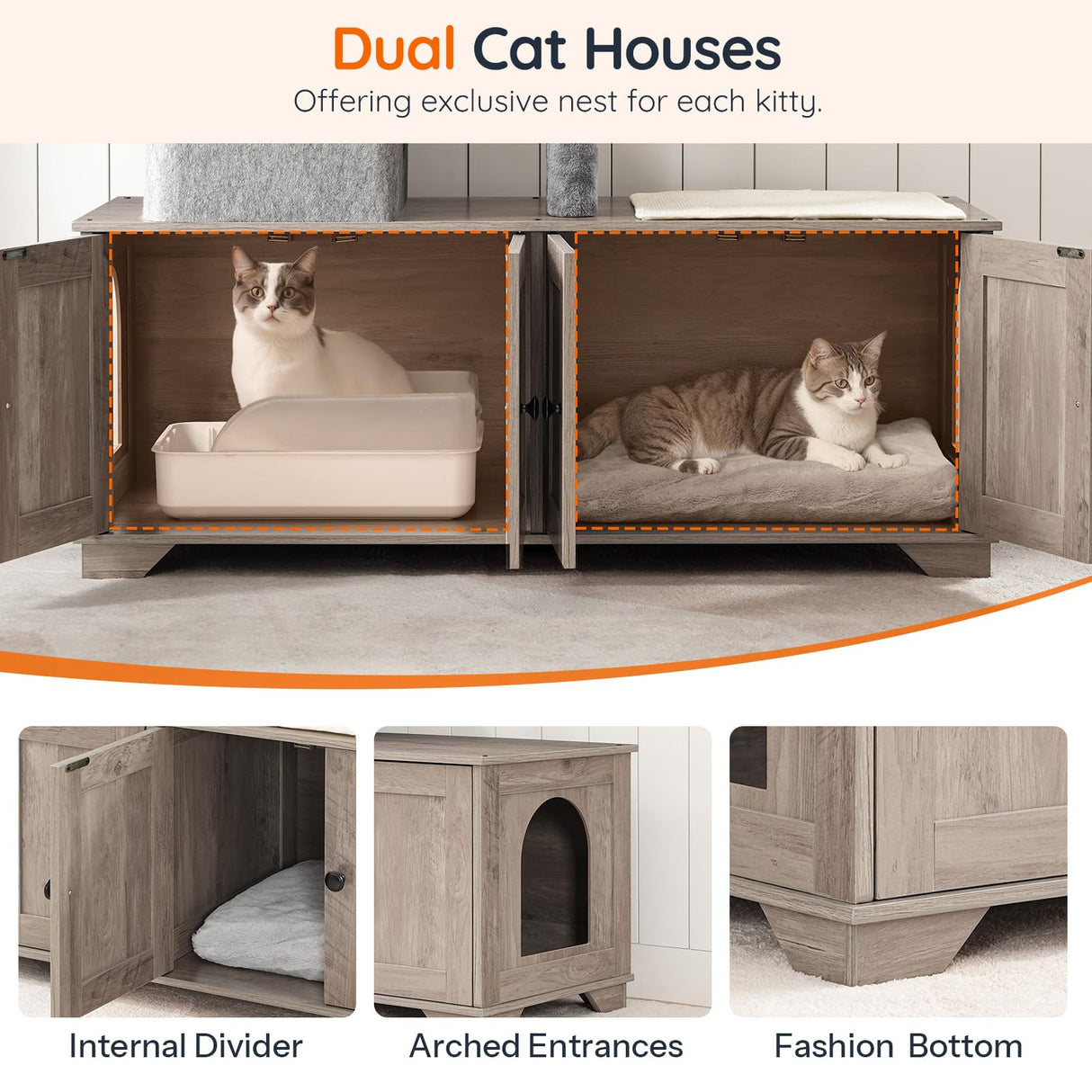 HOOBRO Double Litter Box Enclosure with Cat Tree, 45.3" L x 17.7" W x 68.9" H All-in-One Modern Cat Tower with Bed, Hidden Litter Box Enclosure Furniture, with Hammock, Sisal Posts, Greige BG22MZ03 HOOBRO