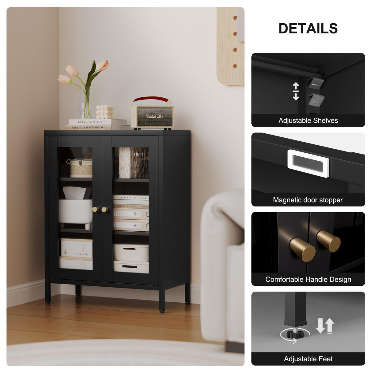 Bevivog Bathroom Floor Cabinet with Glass Doors Small Metal Storage Cabinet FreeStanding Metal Accent Cabinets with Two Door Storage Shelves, Locker Display Cabinet for Home Office Living Room Bevivog