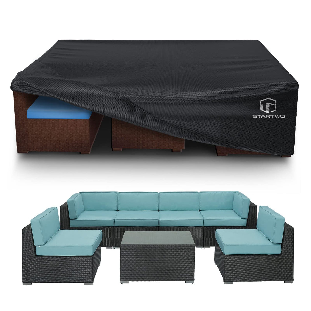 STARTWO Patio Furniture Covers Waterproof, Anti-UV Tear-Resistant 500D Heavy Duty 7-12 Seats Outdoor Furniture Cover for Sectional Sofa, Patio Table Cover, 98"x78"x28", Black STARTWO