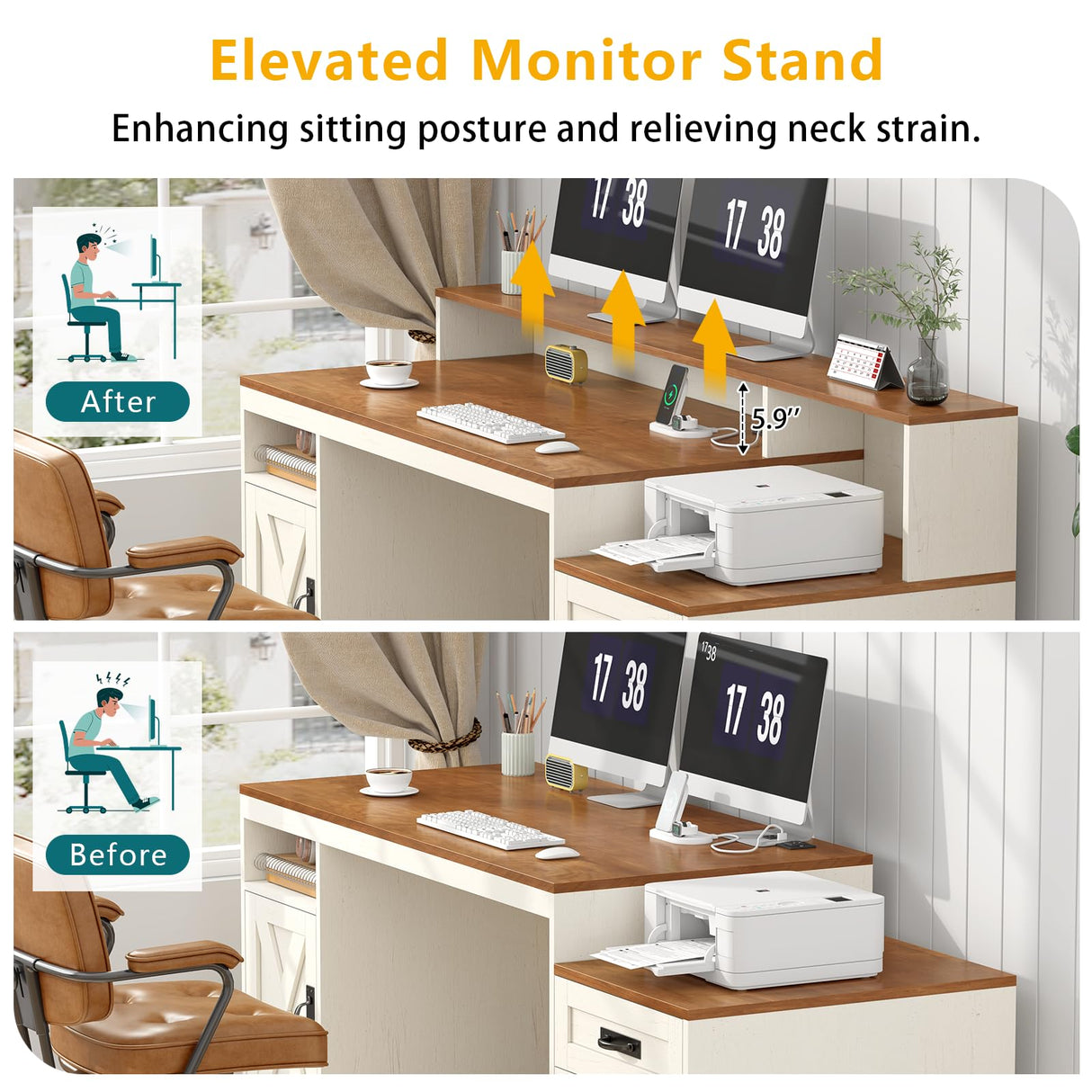 TVU Farmhouse Computer Desk with Drawers, 65'' Home Office Desk with Power Outlets, Storage Cabinet and Printer Stand, Study Writing Desks with Long Monitor Stand, White TVU