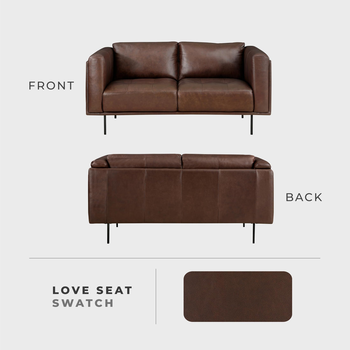 Lexicon Leather Loveseat Sofa, Top Grain Leather Sofa, Modern Couch, Oversized Sofa with Solid Wood Frame and Metal Legs, Couch Leather Sofas for Living Room, Bedroom, Office, 2-Seater Loveseat, Brown Lexicon