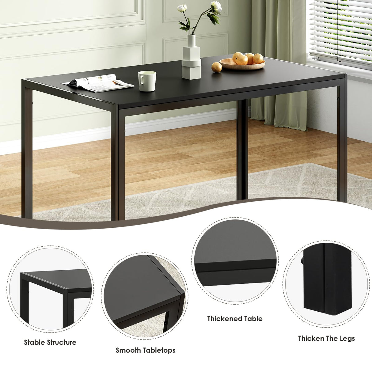 Farini Black Dining Table for 4-6 Person,47" Rectangular Wooden Dining Table Top and Metal Frame for Home Kitchen Dining Desk (47 inch,Black) Farini