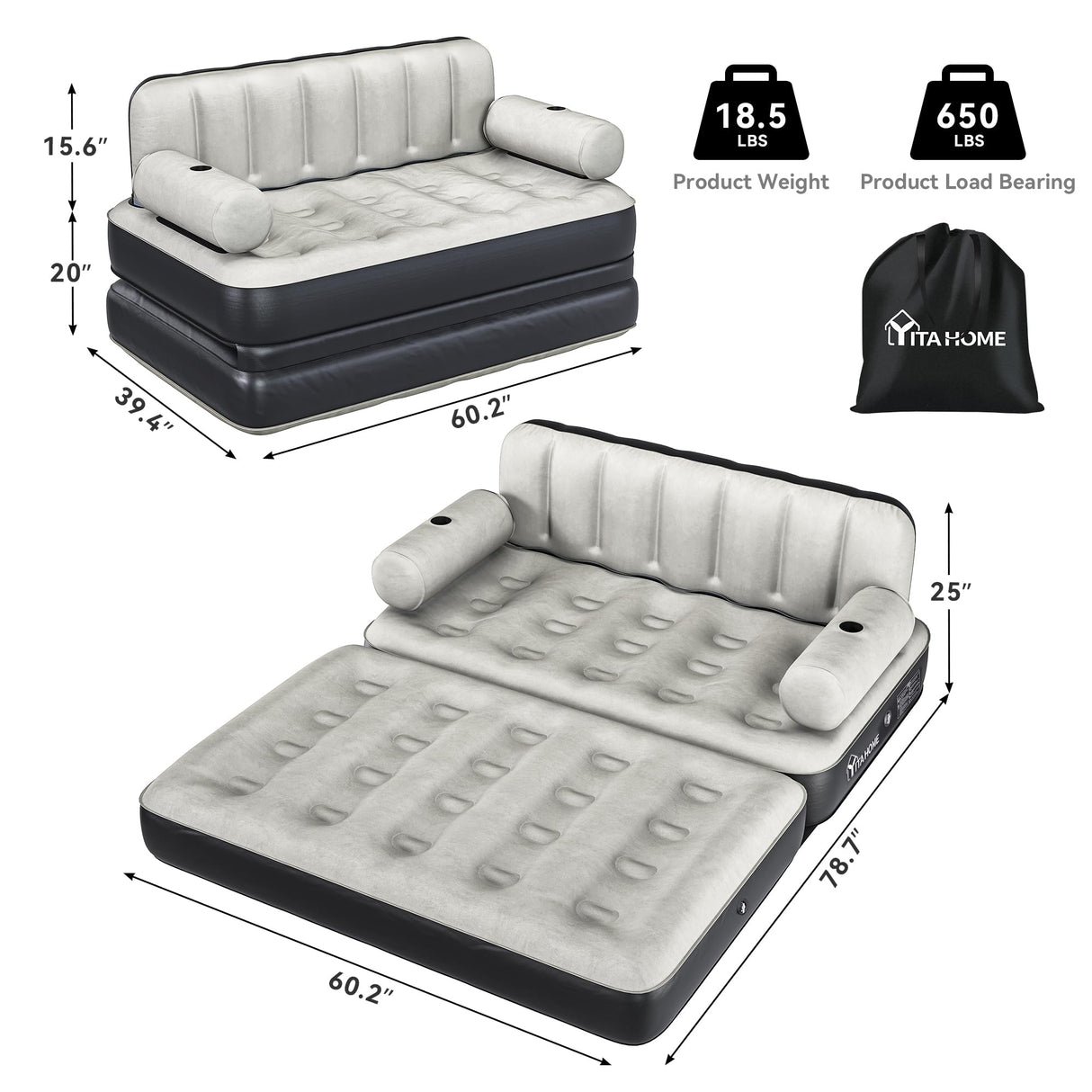 YITAHOME Queen Size Air Sofa Bed Mattress with Headboard and Pump, Blow Up Couch Inflatable Bed for Home Living Room, 79" x 60" x 25" (Expanded Size, Black) YITAHOME