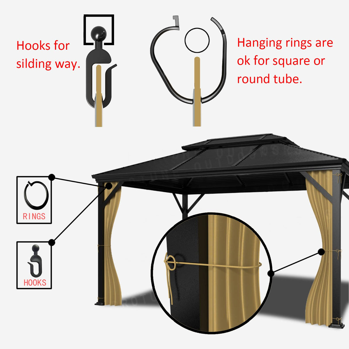 SunCula Replacement 12'- One Panel Gazebo Curtain waterproof, Universal Privacy Shade Curtains Side Wall with Zipper for Patio, Backyard, Garden 10'x12' or 12'x12'Outdoor Gazebo -Khaki(Only curtains) SunCula