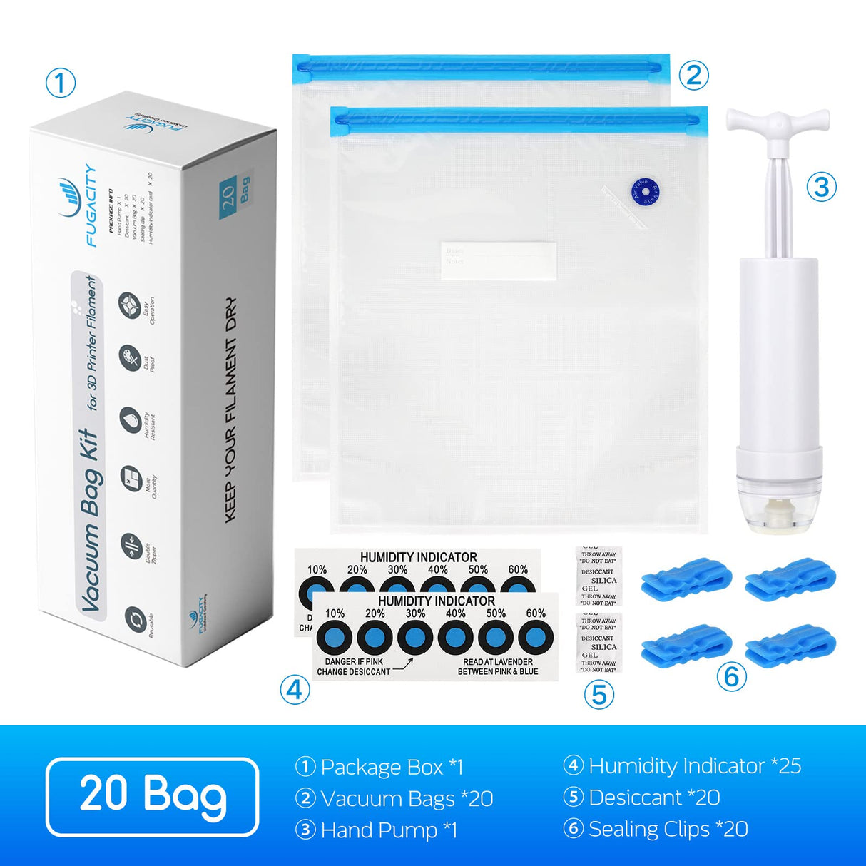 FugaCity 3D Printer Filament Storage Vacuum Bags Kit- 20Pack Reusable Vacuum Bags (PA+PE 13.8 ×15.7 in) with 20 Desiccants / 20 Humidity Cards /20 Clips/ 1 Hand Pump for Keep Filament Clean & Dry FugaCity