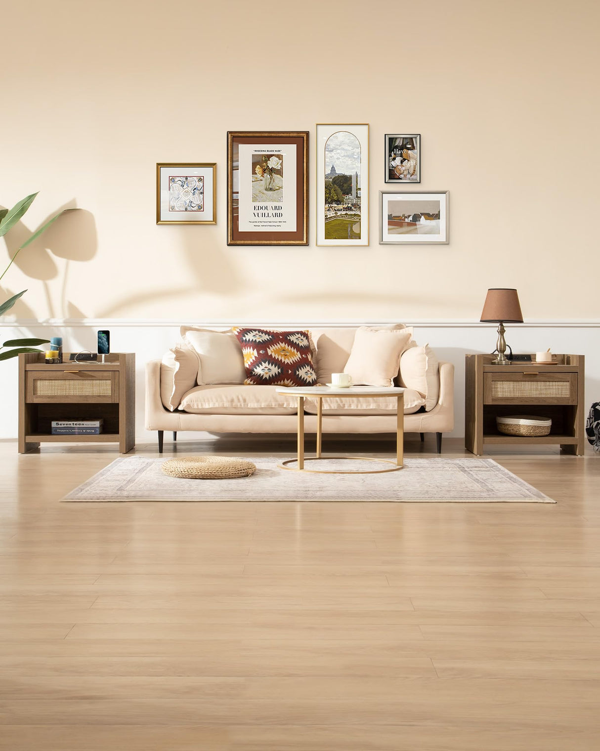 SICOTAS Night Stand Set of 2 Nightstands - Rattan Bed Side Table with Type-C Charging Station, Drawer Storage End Table - Boho Bedside Stand Night Stands for Bedroom - Natural Oak SICOTAS