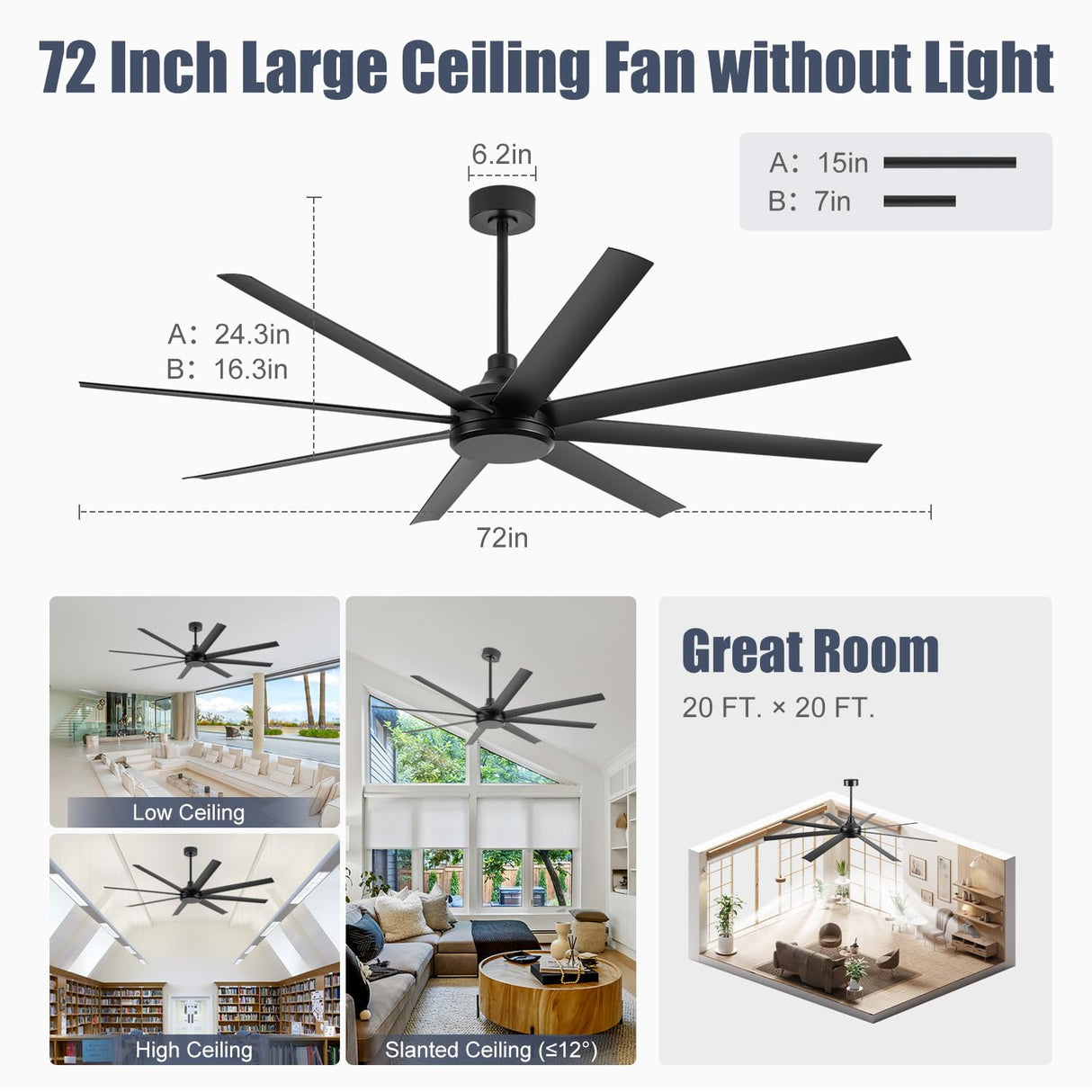 72 inch Ceiling Fans without Light Remote Control, 8 Reversible Blade, Quiet DC Motor, Timer Function, 6-Speed, Industrial Ceiling Fan No Light for Bedroom Home Kitchen (Black) Breezary