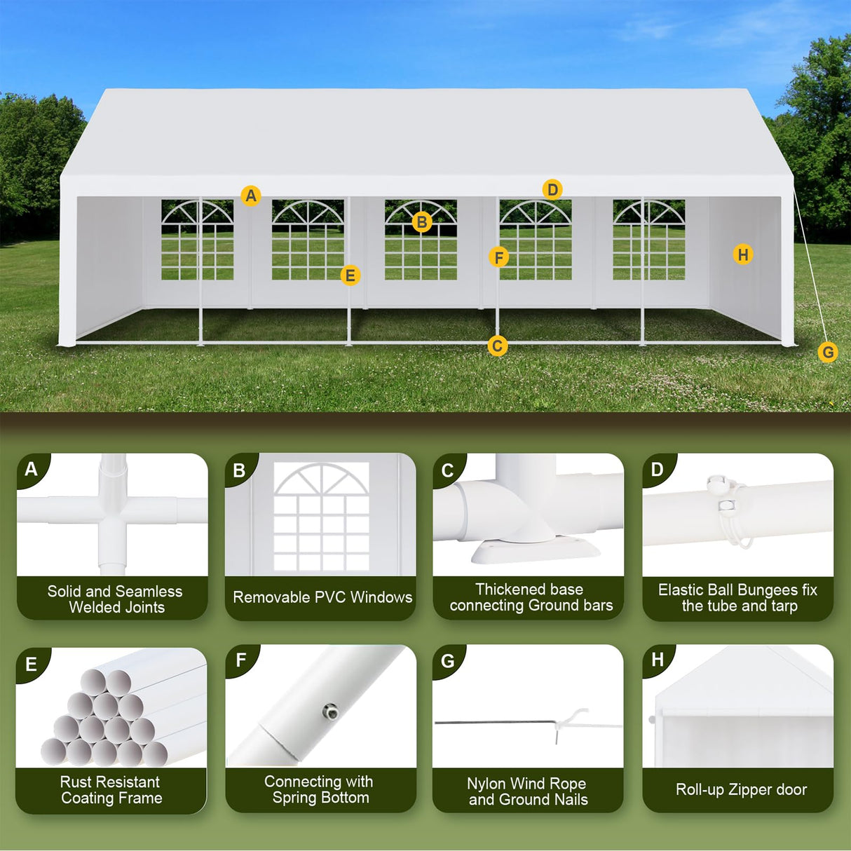 Garvee 20x32 Ft Heavy Duty Party Tent, Heavy Duty Outdoor Wedding Event Tent with Removable Sidewalls & Double Doors, Large Canopy Tent with Large White Roof and 4 Storage Bags for Parties, Weddings Garvee