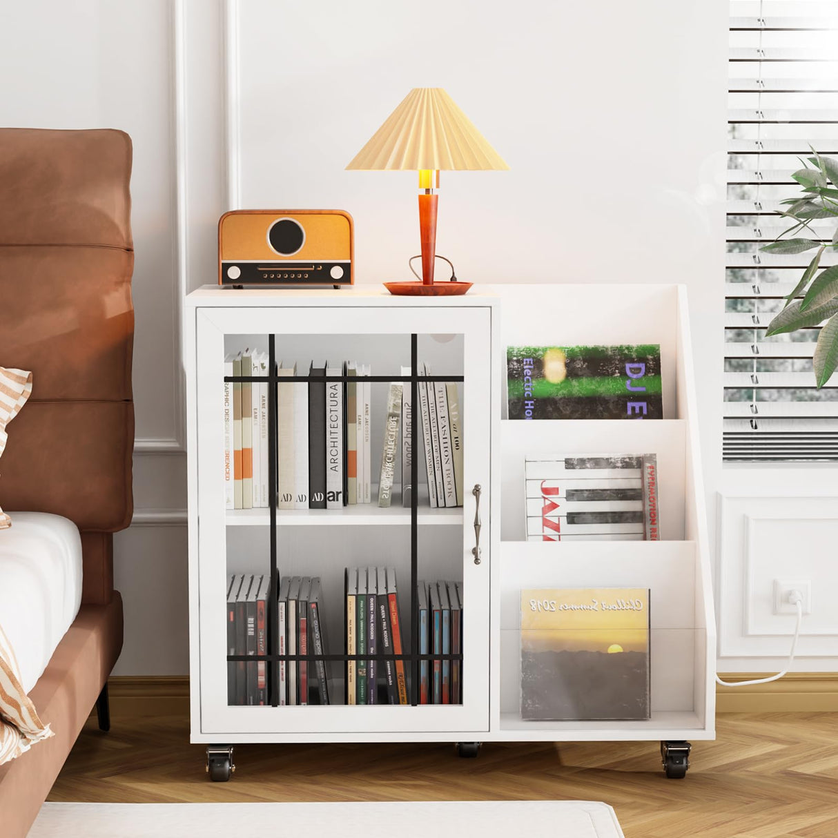 VINGLI Large Record Player Stand with Display Area, Turntable Stand with Storage, Vinyl Record Holder Up to 350 Albums, Record Player Table with LED Lights & Charging Station for Music Room, White VINGLI