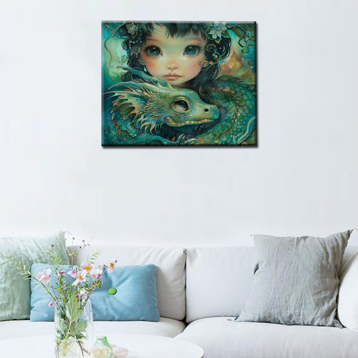 Paint by Number Dragon Fairy Dragon DIY Painting On Canvas with Brushes Acrylic Lovely Girl Doll Like with Green Dragon Paint by Numbers for Adults and Kids Students Beginner 16x20 Inch(without Frame) Tucocoo