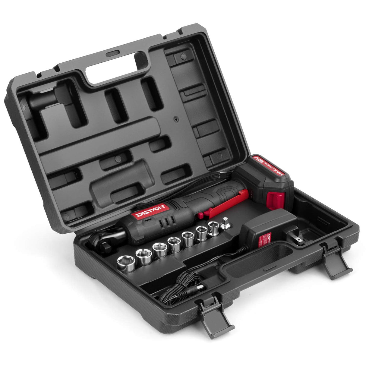 Eastvolt 12V Cordless Electric Ratchet Wrench Set, 3/8 Inch 35 Ft-lbs Power Wrench Tool Kit with Fast Charger, 2.0Ah Lithium-Ion Battery, 7-Pieces 3/8 Inch Metric Sockets and 1/4" Adaptor, Black + Red Eastvolt
