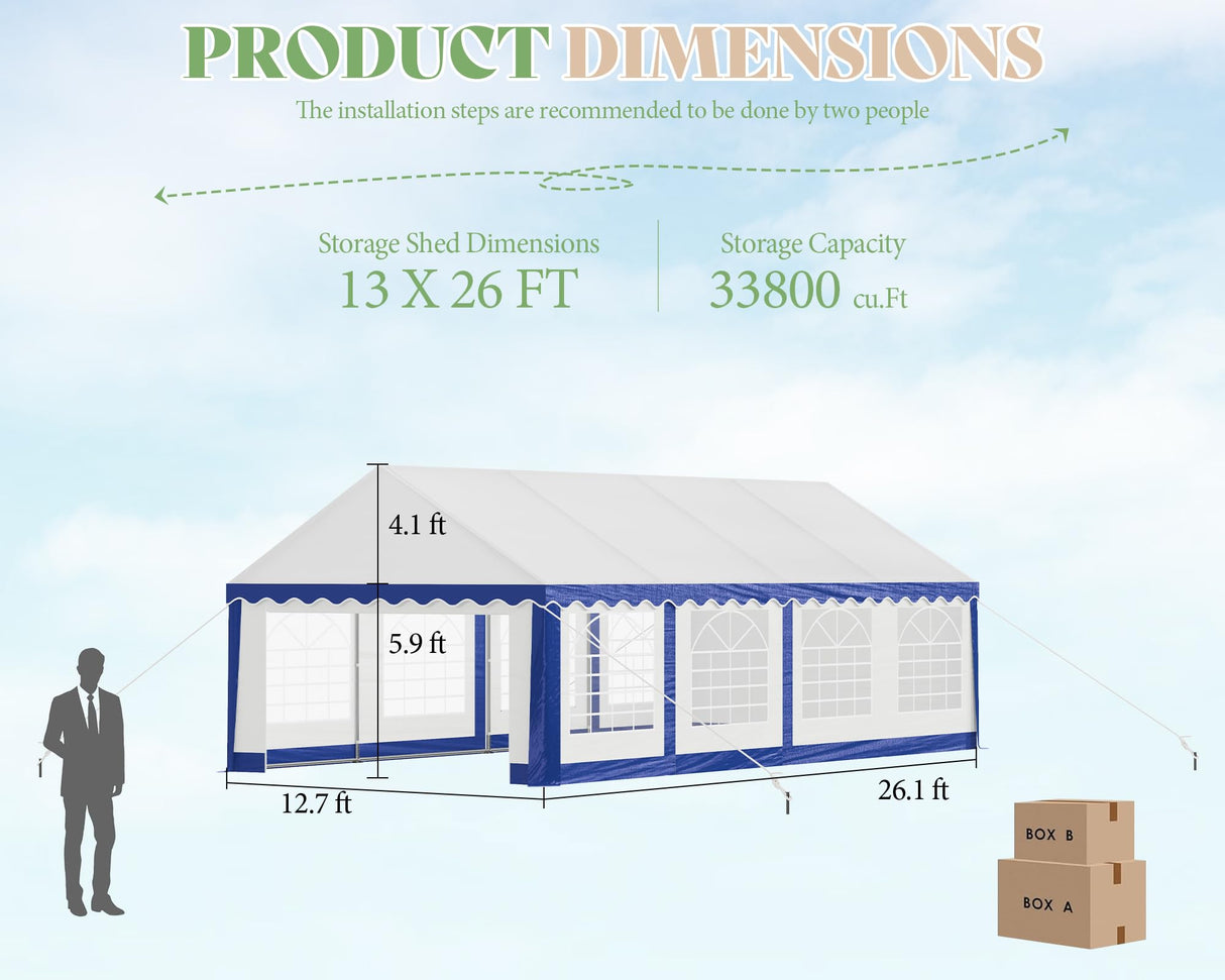 AMERLIFE 13 x 26 FT Party Tent with Rolled Sidewalls, Heavy Duty Wedding Tent for Party Outside with Zinc Alloy Tube & Spiral Stakes, Waterproof Event Shelters, White & Blue AMERLIFE