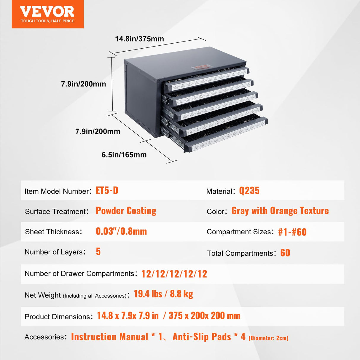 VEVOR Drill Bit Dispenser Cabinet, Five-Drawer Drill Bit Dispenser, 60-Compartment Drill Bit Organizer Cabinet, Drill Dispenser Organizer Cabinet Holder for Jobber Length Wire Gauge Sizes 1 to 60 VEVOR