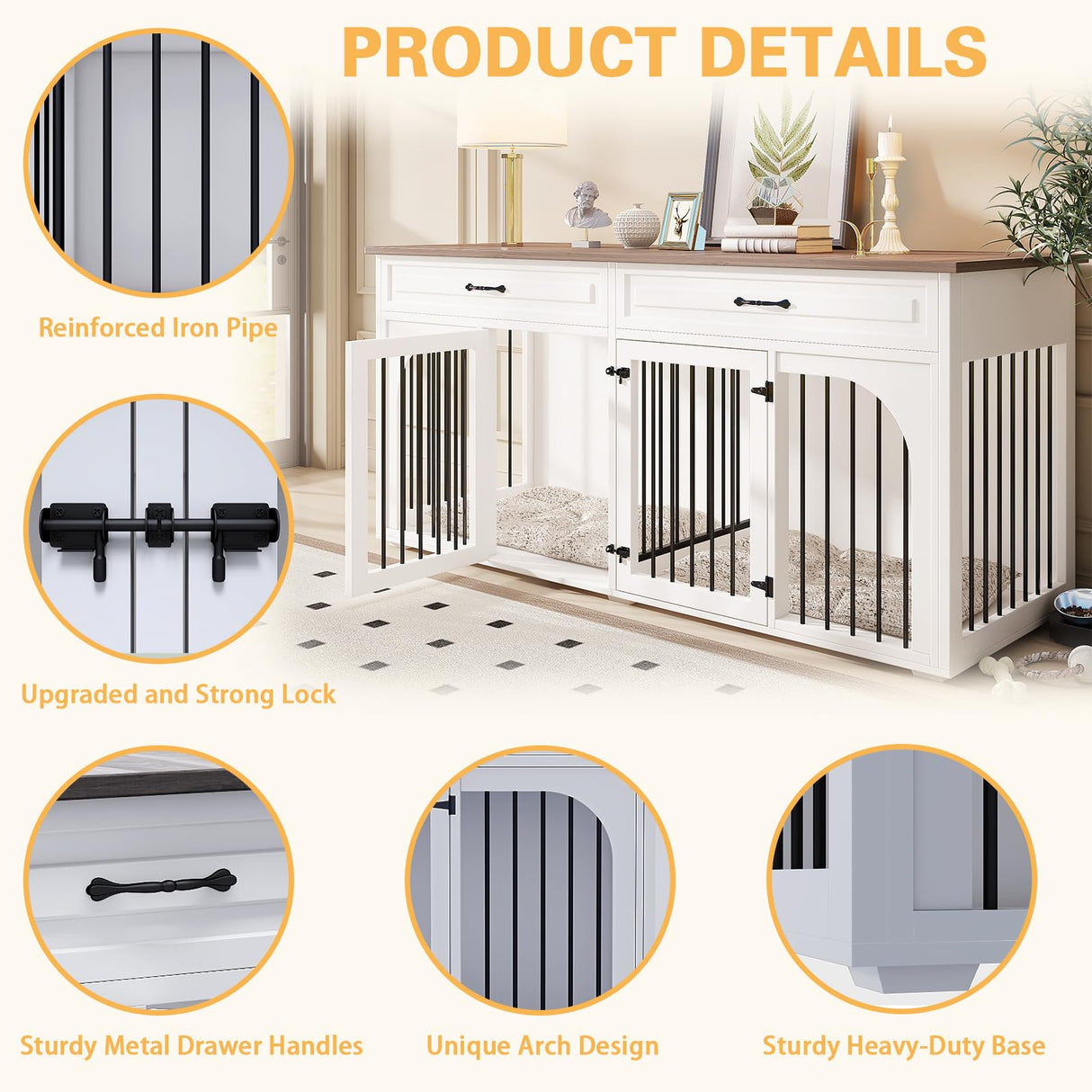 EBE Dog Crate Furniture, 74.8''Wooden Dog Crate with 2 Drawers and Removable Divider, Dog Kennel Indoor Furniture with Double Rooms, Heavy Duty Dog Crate Table Indoor TV Stand for Large Medium Dogs EBE