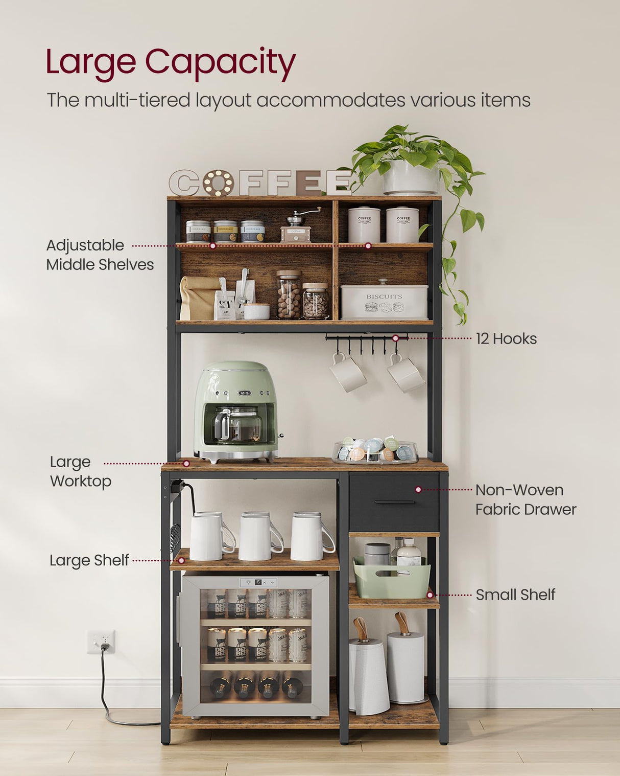 VASAGLE Bakers Rack with Charging Station, Coffee Bar with Adjustable Storage Shelves, Fabric Drawer, 12 Hooks, 15.7 x 31.5 x 71 Inches, Kitchen Microwave Stand, Rustic Brown and Ink Black UKKS015K01 VASAGLE