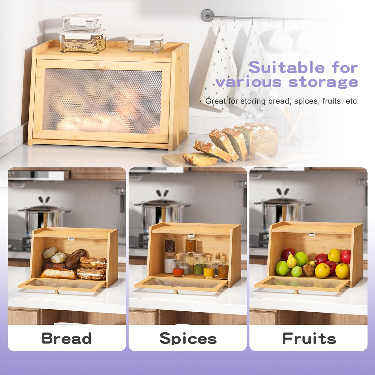 Wieghda Large Farmhouse Bread Box with Window - Natural Wood Bread Storage Container for Kitchen Countertop Wieghda