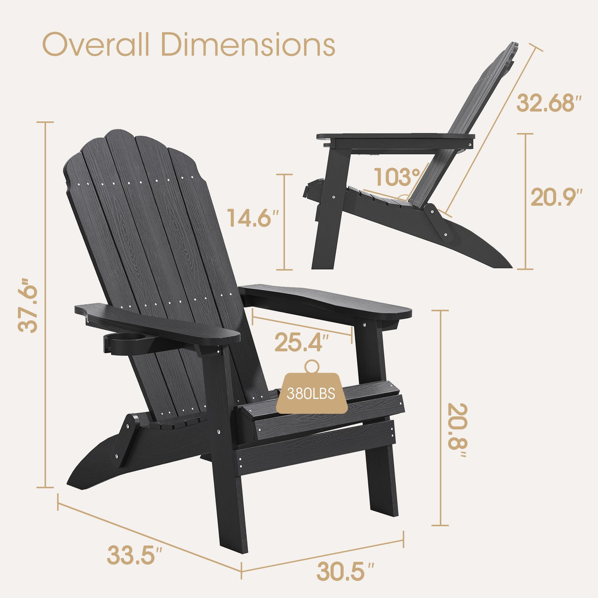 Qsun Outdoor Folding Adirondack Chair of 2, Weather Resistant Patio Chair with Cup Holder for Outside, Deck, Lawn, Backyard, Garden, Fire Pit, Campfire Lounger, Black, Large Qsun