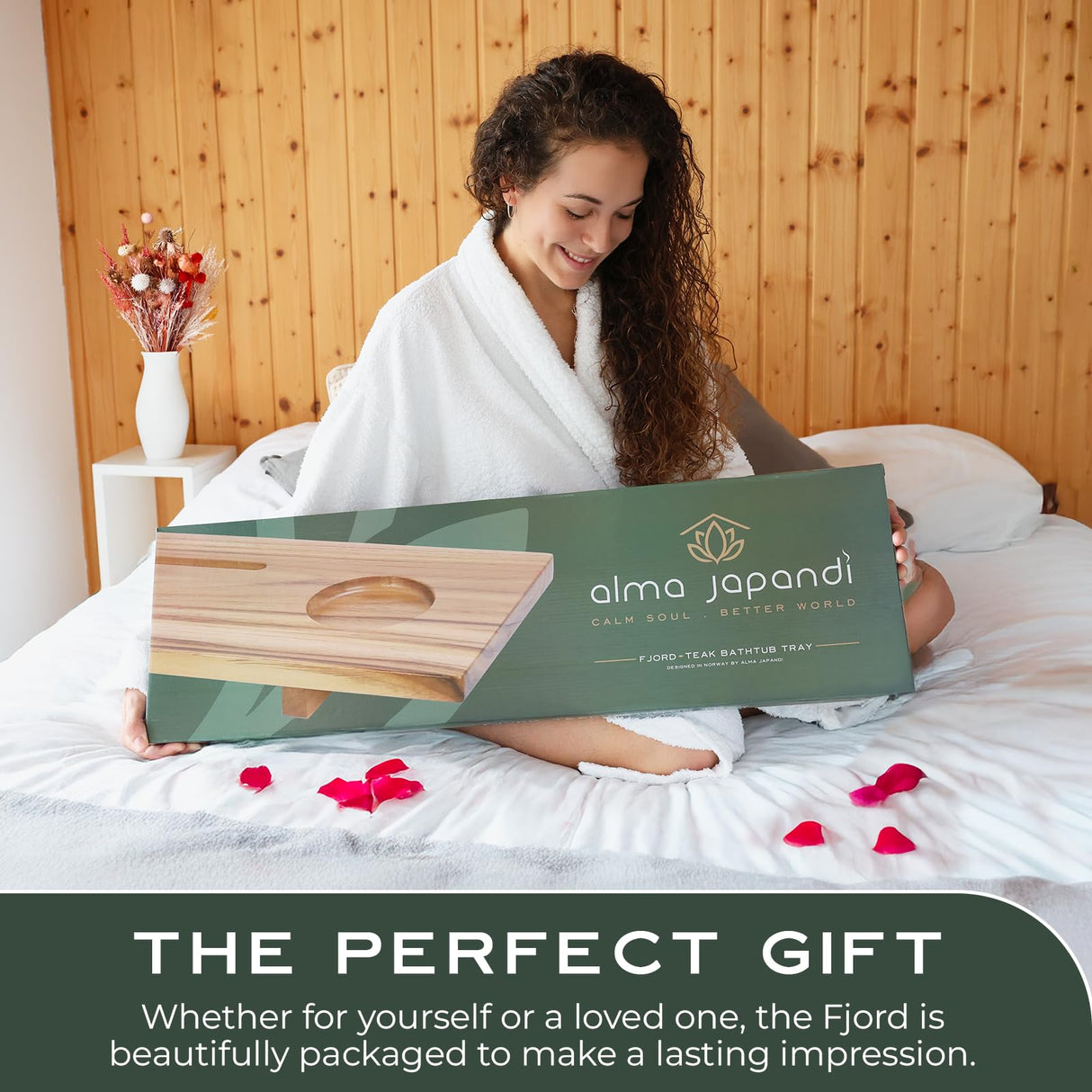 Fjord Teak Bathtub Tray - Towel & Gift Box Bundle - Sustainable Minimalist Wood Bath Tray for Tub - Fits Standard Bathtubs - Relaxing Bathtub Accessories Holder - Bath Caddy 29x8.5 in. Alma Japandi