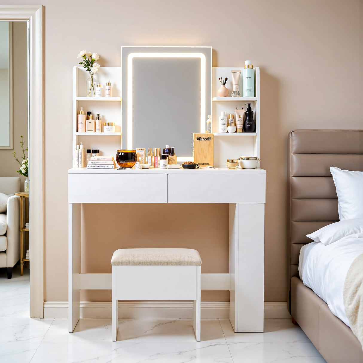 Furmax Vanity Desk with Mirror and LED Lights, Makeup Vanity Table with 3 Lighting Color, Adjustable Brightness, Vanity Table with 2 Drawers, Side Storage, for Bedroom (White, with Bench) Furmax