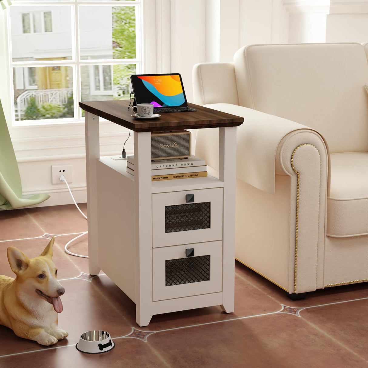 HDDDZSW Farmhouse XXL End Table with Charging Station, Narrow Side Table with USB Ports and Outlets, Nightstand with 2 Drawers Storage, Bedside Tables for Living Room, Bedroom, Rustic Walnut White HDDDZSW