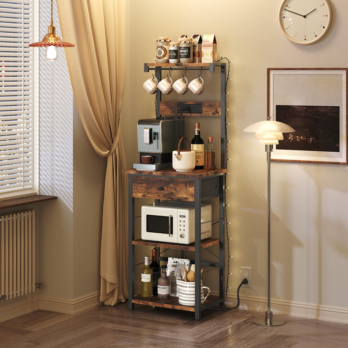 MAHANCRIS Bakers Rack with Drawer, Microwave Stand with Power Outlet, Coffee Bar Station with 4 Hooks, Kitchen Storage Shelf Rack 4 Tiers, for Kitchen, Dining Room, Rustic Brown and Black BRHR48E01 MAHANCRIS