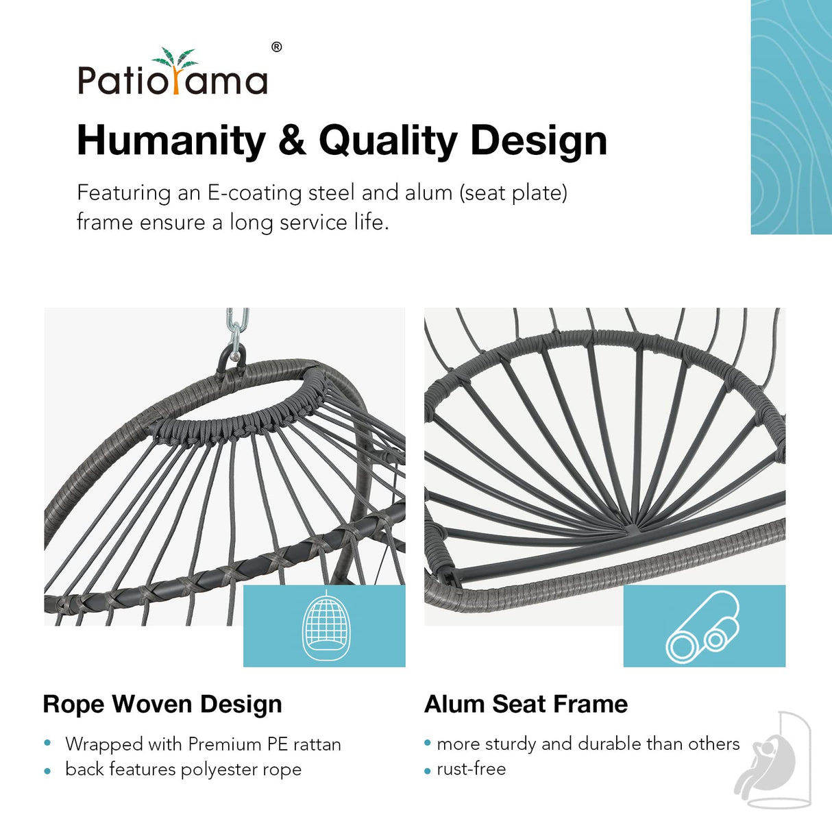 Patiorama Indoor Outdoor Egg Swing Chair Without Stand, Patio Wicker Rattan Hanging Chair w/Cushion, 350lbs Capacity, All Weather Foldable Hammock Chair Basket Chairs for Bedroom, Porch (Dark Grey) Patiorama