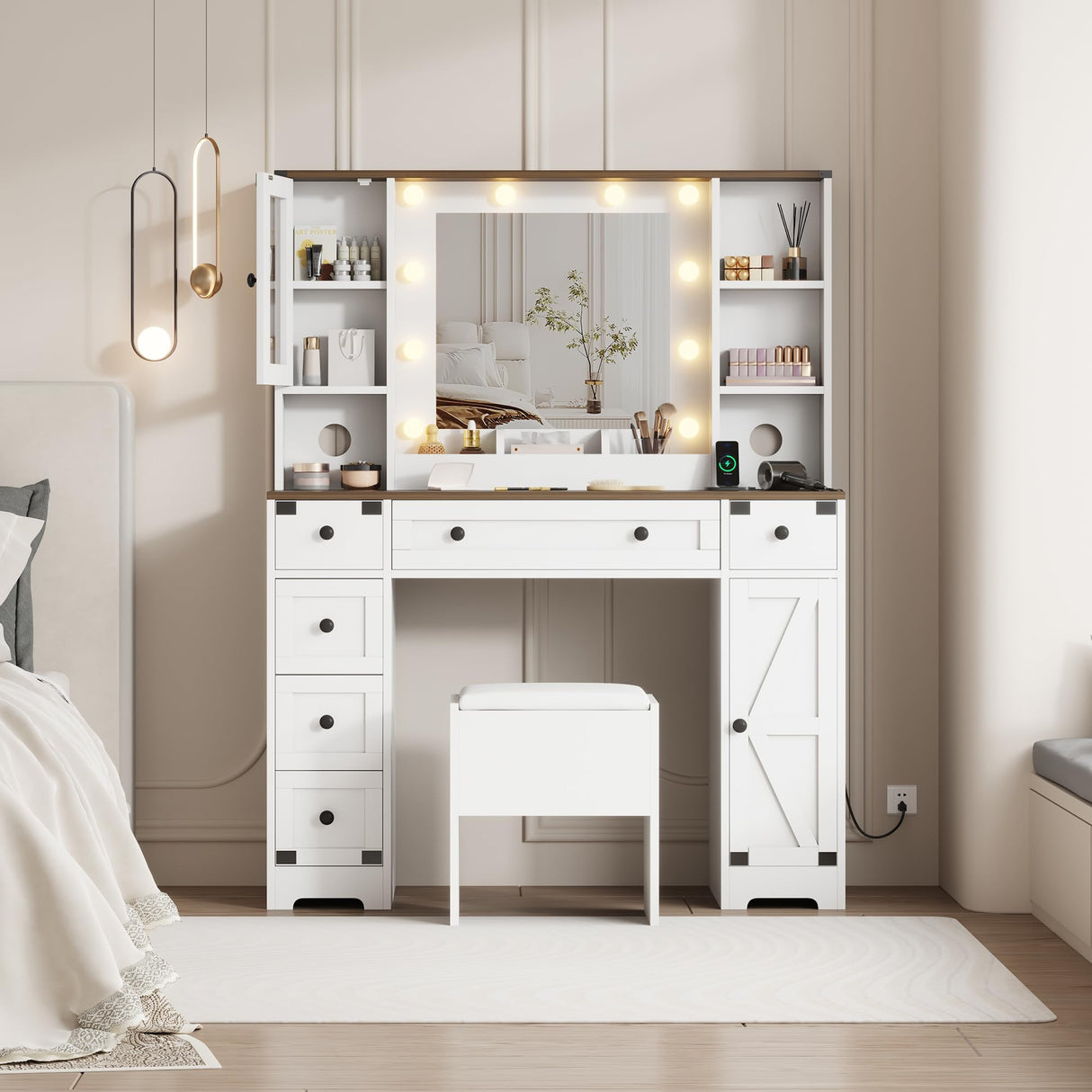 GarveeHome Makeup Vanity and Stool, Vanity Desk with Lights in 3 Colors, White Vanity Table with Charging Station, 6 Drawers and Cabinets GarveeHome