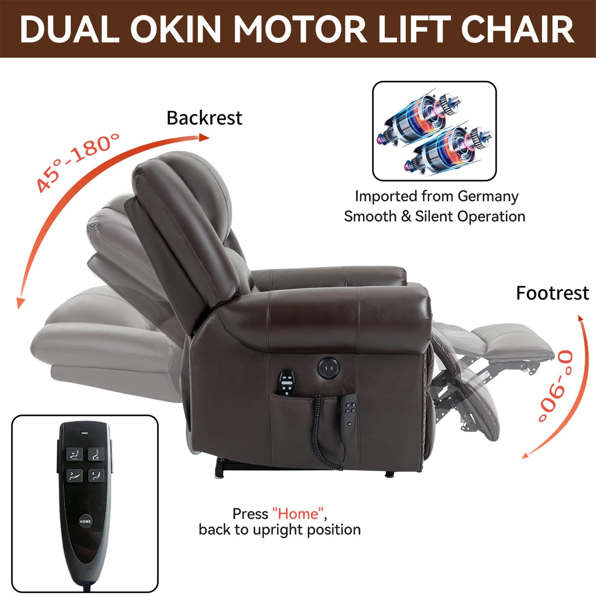 RHHVVR Dual Motor Power Lift Recliner Chair, Lay Flat Recliner Chair with Massage and Heat Remote Control for Adult Elderly, Large Electric Faux Leather Lift Chair, Extended Footrest, Brown RHHVVR