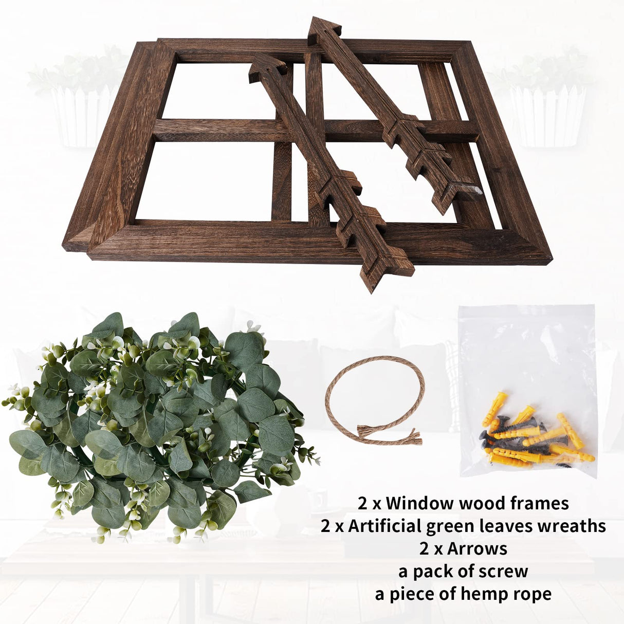 Rustic Wood Window Frame with Green Wreath and Arrows Wall Decor,Farmhouse Window Frame Hanging Decor,Wooden Fake Decoration,Window Pane Wall Decor,Set of 2 (Brown) WAKOSAN