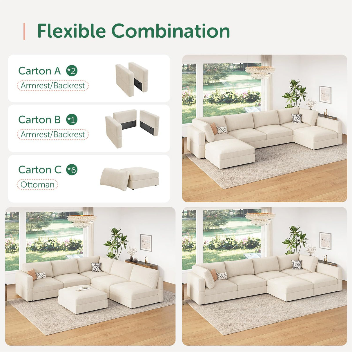 HONBAY Modular Sectional Sofa with Storage Corduroy Sectional Sleeper Sofa Modular Sectional Couches for Living Room,Beige HONBAY