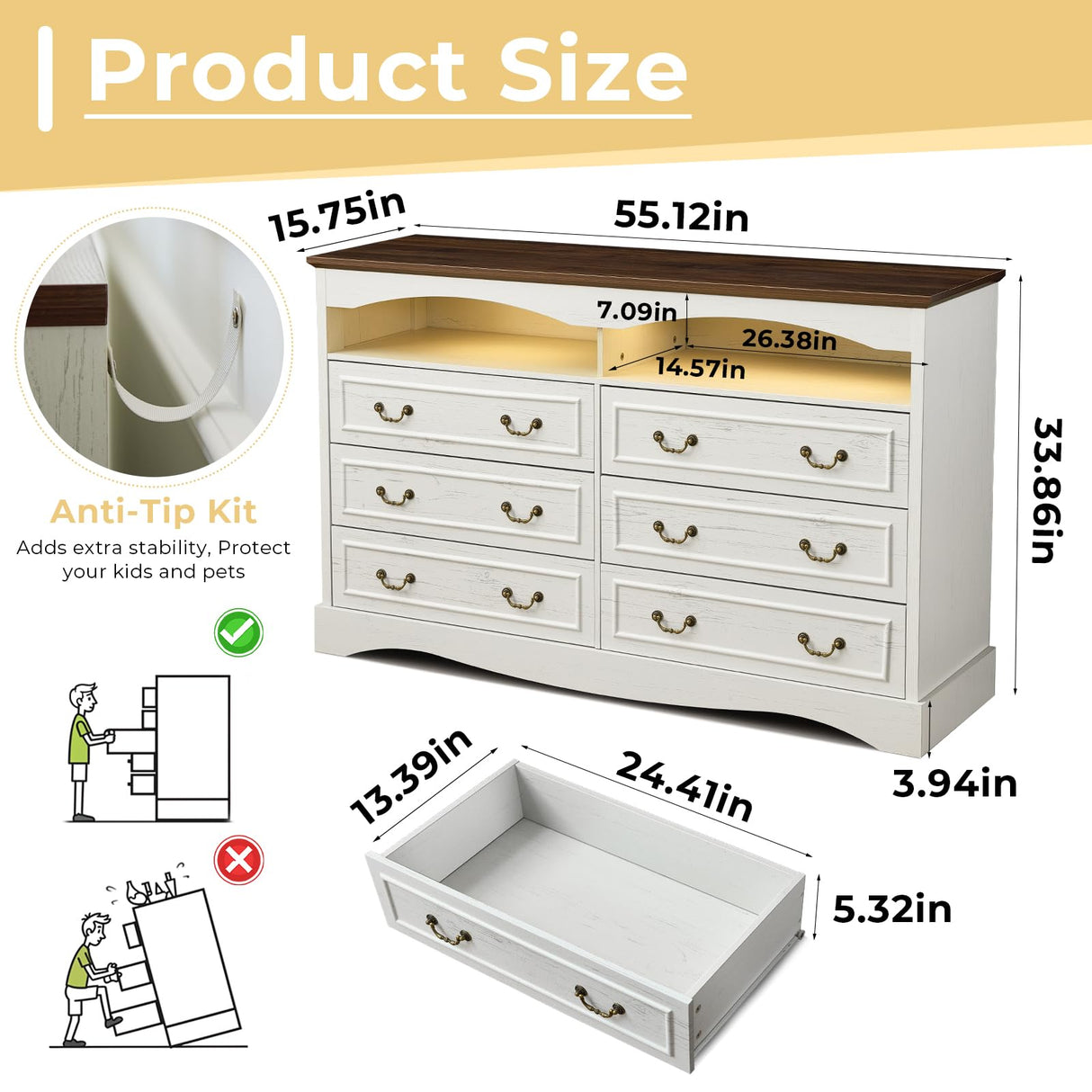 JanflyHome Vintage 6 Dresser for Bedroom, Farmhouse 6 Drawers Dresser with Open Shelves and LED Lights, 55" Wide Wood Rustic Chest of Drawers for Living Room, Hallway, Antique White JanflyHome