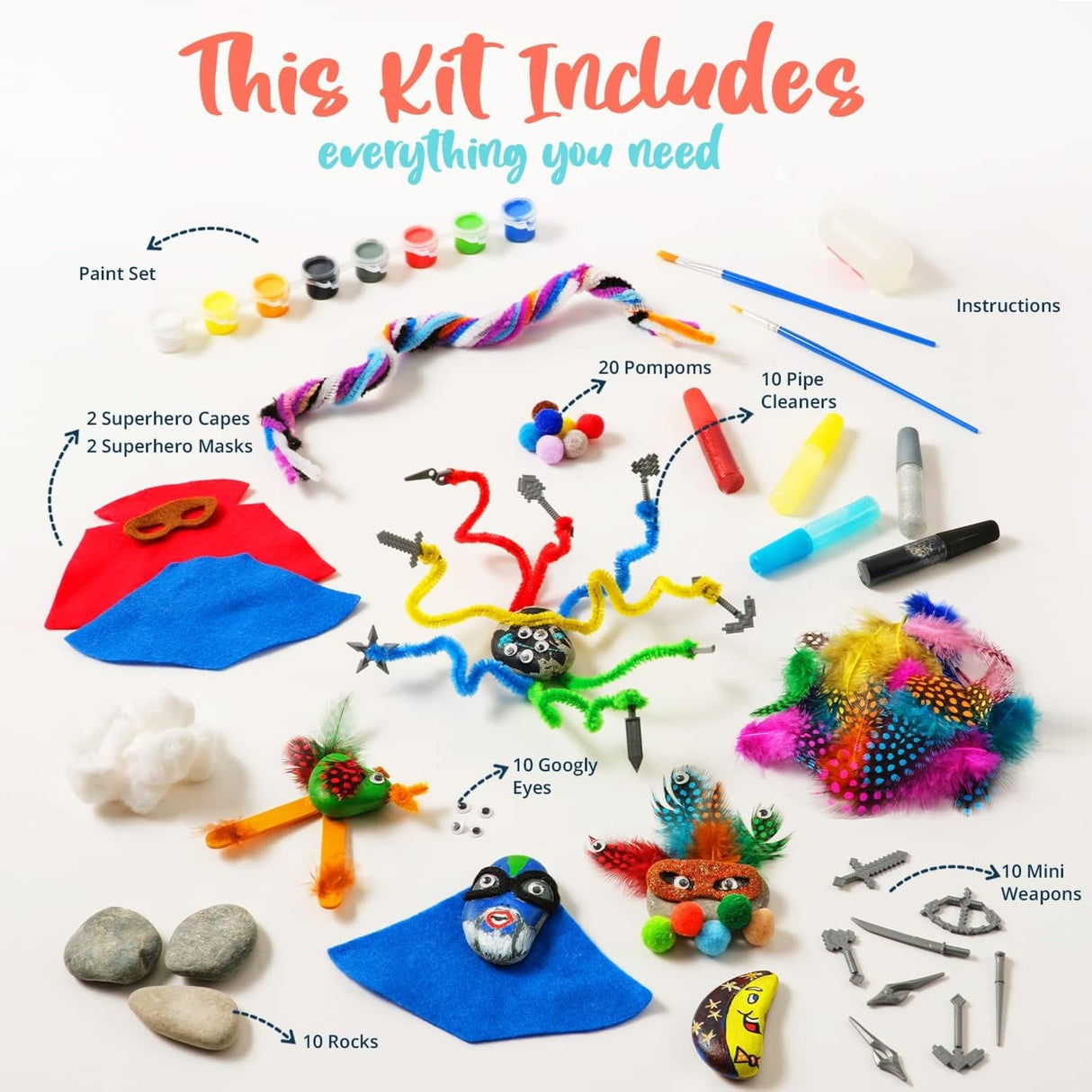 BRYTE 150+ Piece Deluxe Kids Rock Painting Kit, 10 Rocks with Waterproof Paints, Glue & Accessories, DIY Arts and Crafts STEM Activities for Age 6-12 Years, Warrior & Monster BRYTE