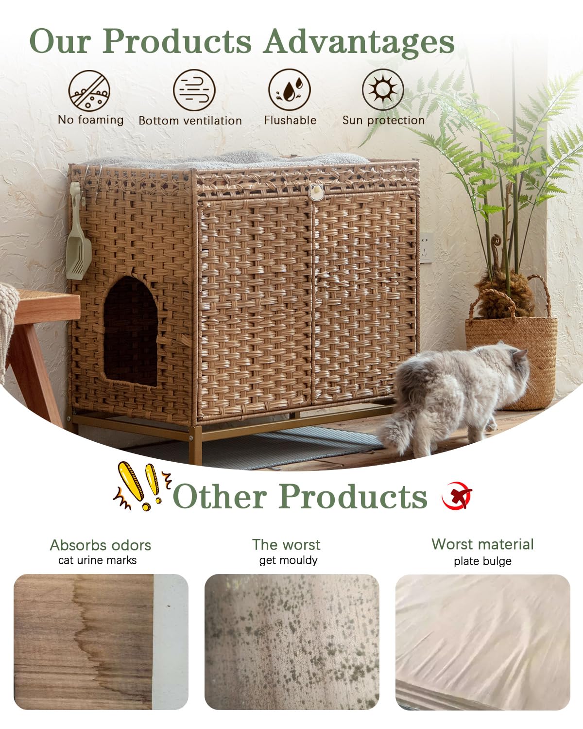 SETVSON Cat Litter Box Enclosure, Hidden Litter Box Furniture with Cat Litter Mat, Large Hidden Cat Litter Box Furniture, Handwoven Rattan Cat House with Metal Heightened Feet 30.3×18.3×28 Inches SETVSON