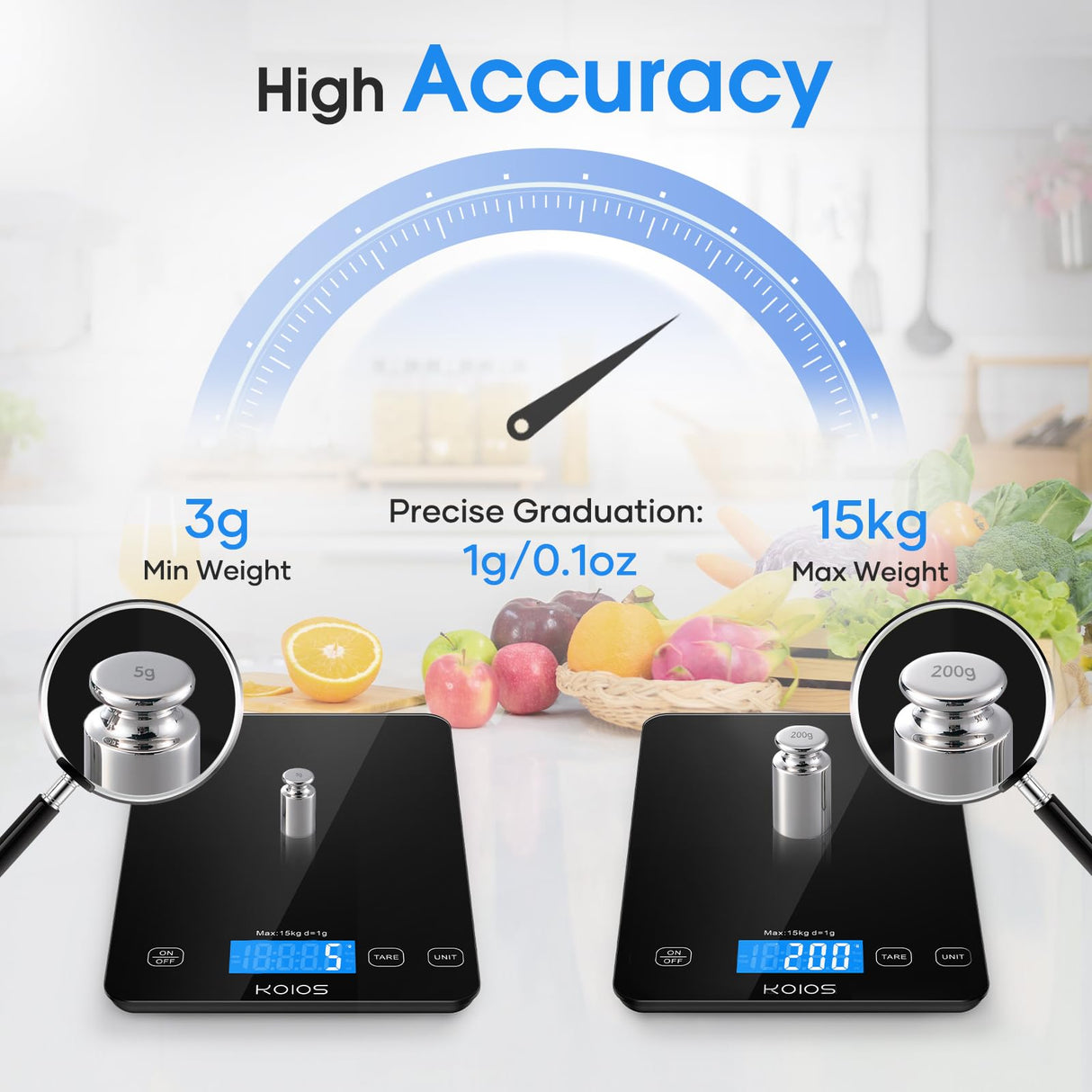 KOIOS Food Scale, 33lb/15kg Digital Kitchen Scale Weight in Grams and Ounces for Cooking Baking, 1g/0.1oz Precise Graduation, Batteries and Type-C Charging, Tare Function, LCD Display, Black KOIOS