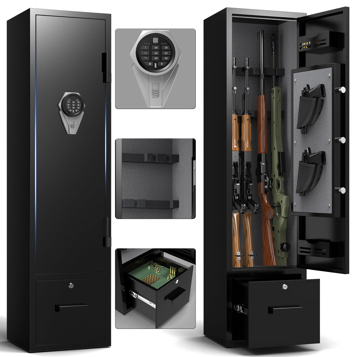 Marcree Gun Safe with Drawer, Rifle Safes for Home, Rifle Cabinet with Alarm System,Metal Gun Cabinets for Rifles and Pistols, Long Gun Safe with Two Movable Gun Racks, Digital Lock Marcree