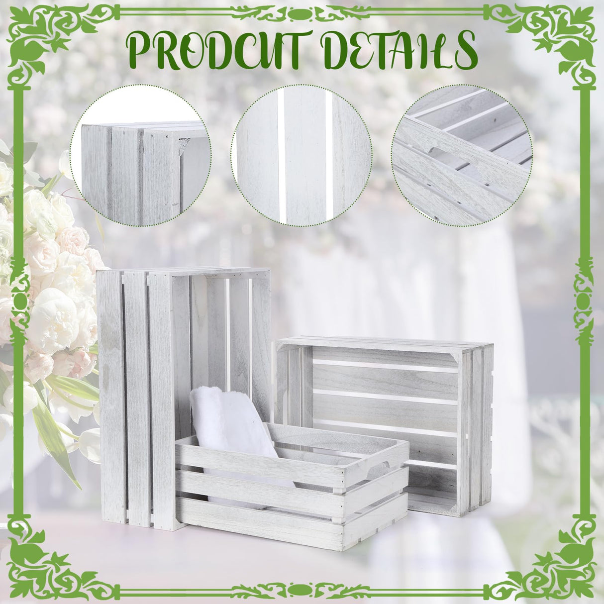 Soaoo 3 Pieces Decorative Wood Crates for Party Display, Large Rustic Wooden Nesting Storage Crates with Handles for Wedding Birthday Home Party Decoration(Rustic White) Soaoo