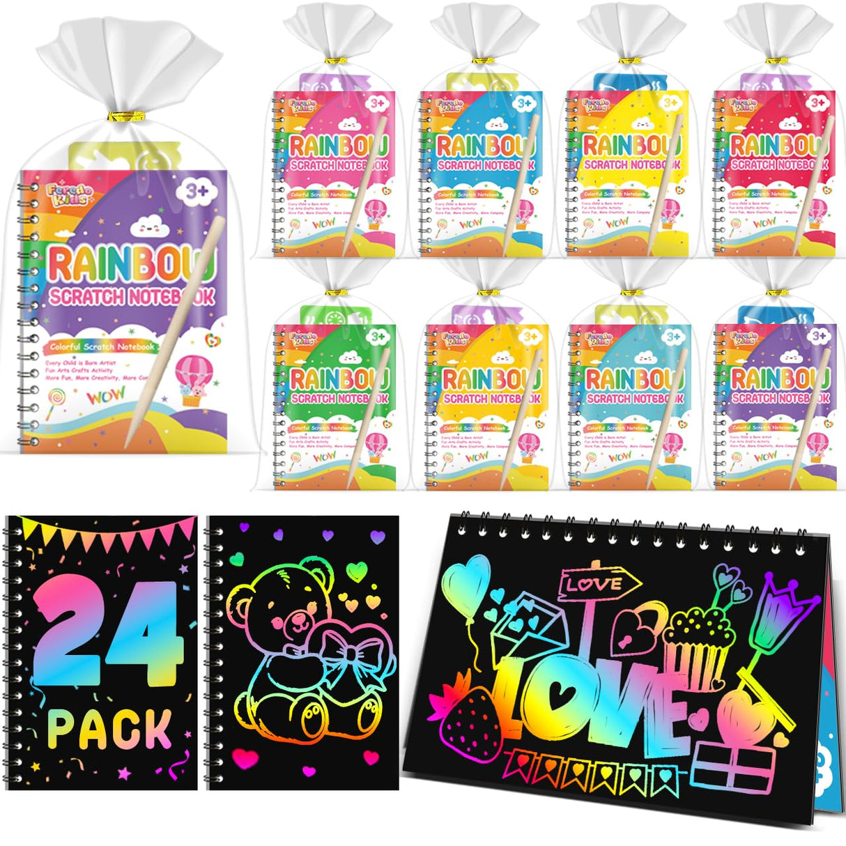 Scratch Art Party Favors for Kids: 24 Pack Rainbow Scratch Notebook Bulk Kids Craft School Supplies for Girls Boys 4-8 Years Old Kids Birthday Goodie Bags Christmas Gifts Classroom Prizes for Kids FEREDO KIDS