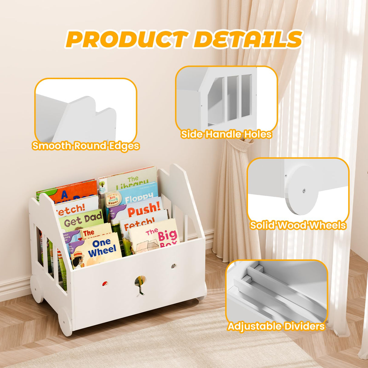 Jomzuci Wooden Kids Bookshelf, Toddler Montessori Bookshelf, Nursery Book Shelves with 4 Adjustable Dividers, Book Shelf for Kids Rooms, Nursery, Bedroom, Classroom and Playroom Storage Jomzuci