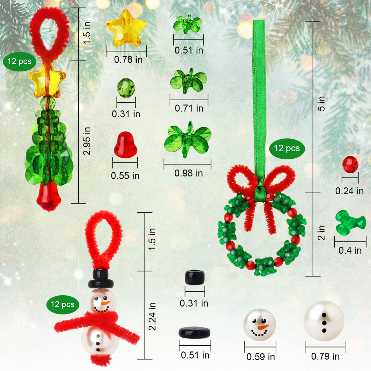 GYGOT Christmas Crafts,36 Sets Beaded Ornament Kit-Including 12 PCS Snowman/12 PCS Christmas Tree/12 PCS Wreath,Xmas Party Holiday Craft Tree Decorations (Assembly Needed) GYGOT
