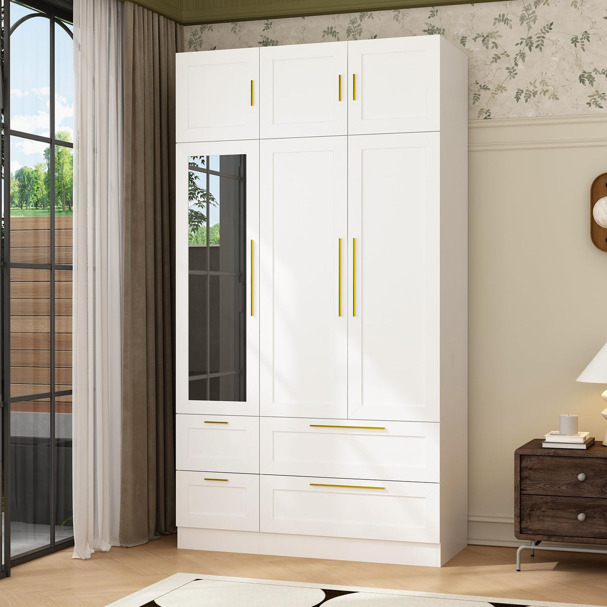 TAMUNE Wardrobe Closet with Mirror, 3 Door Wardrobe with Hanging Rod, 4 Drawers, Shelves, Modern Bedroom Armoire with Gold Handles, White Clothes Cabinet, 20.5”D x 47”W x 86.7”H TAMUNE