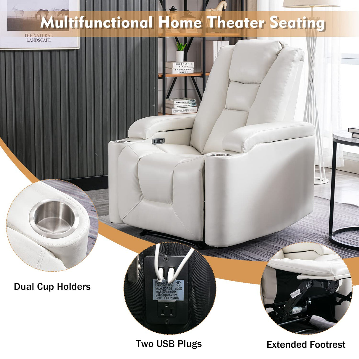 ANJ White Power Recliner Chair Electric Home Theater Seating Soft Leather Movie Chair for Living Room Overstuffed Single Reclining Sofa with Hidden Arm Storage, Cup Holders and USB Ports (Cream White) ANJ