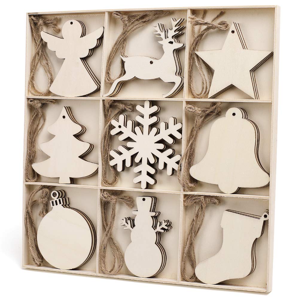 MACTING 27PCS Wooden Christmas Ornaments Unfinished Predrilled Natural Wood Slices DIY Blank Hanging Ornaments Kit for Crafts Centerpieces Christmas Tree Decorations, 9 Styles MACTING