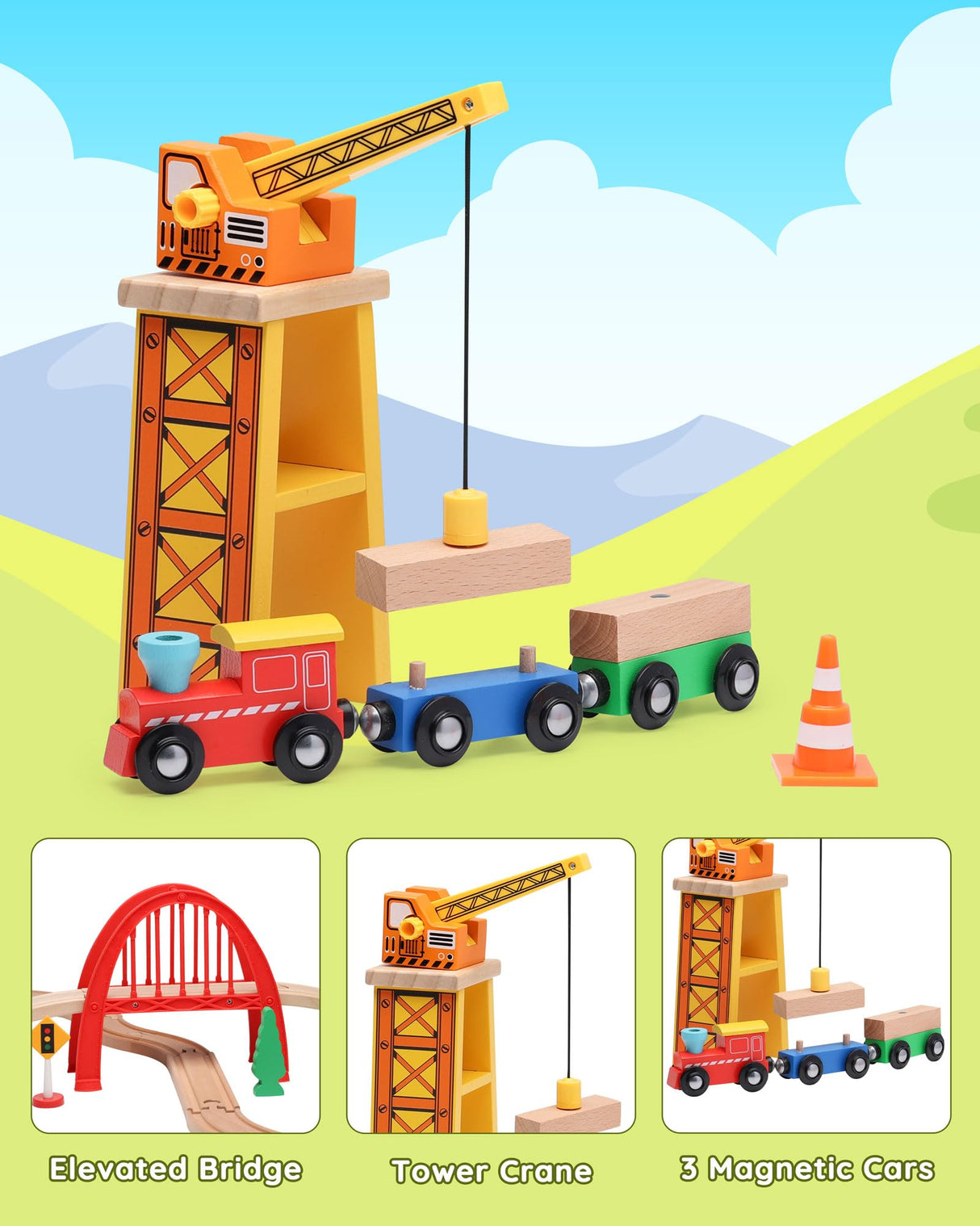 SainSmart Jr. 41 Pcs Deluxe Wooden Train Set for Toddler, Wood Train Track w/Crane Fits Brio Thomas, Melissa and Doug for Kids Ages 3+ SainSmart Jr.