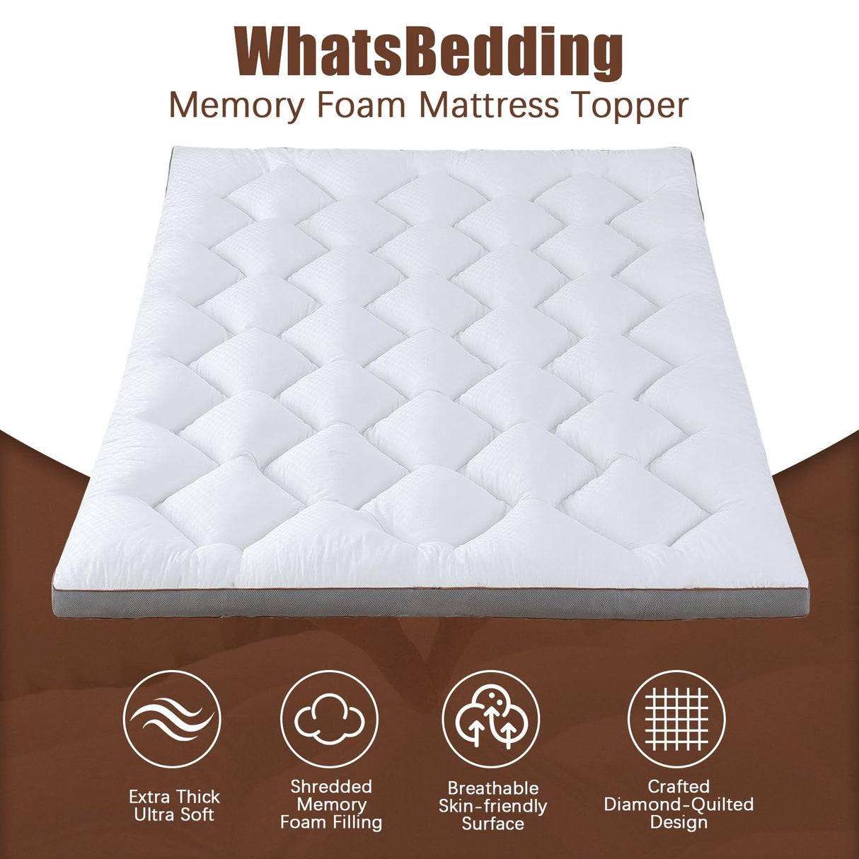 WhatsBedding 3 Inch Memory Foam Mattress Topper Full, Extra Soft Pillow Top Mattress Topper with Breathable Air Mesh Sides, 1700GSM Fluffy Shredded Memory Foam Filled & Thicked Down Alternative-Lined WhatsBedding