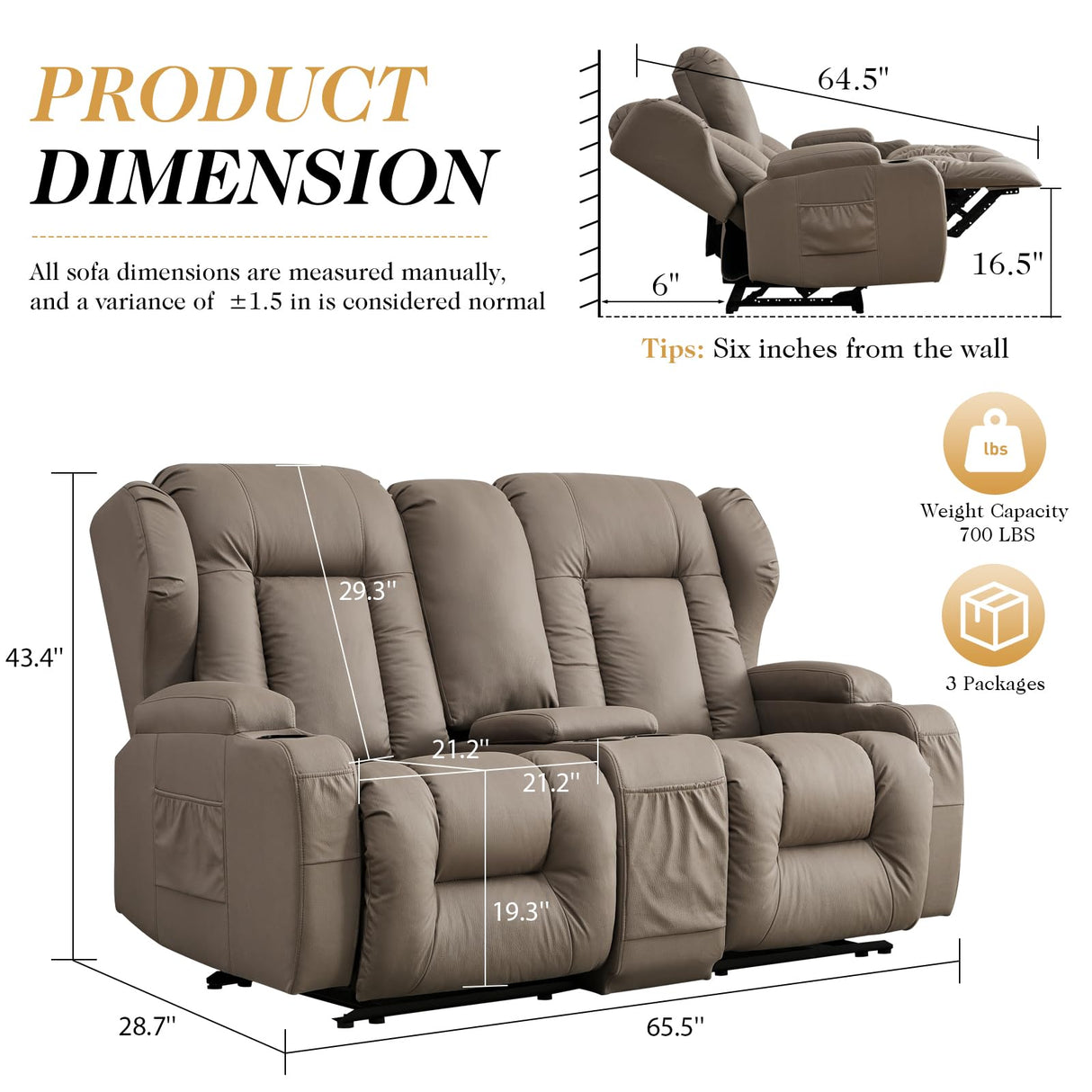 RV Loveseat Recliner with Console,Reclining Loveseat Sofa Wall Hugger Recliners for Small Spaces,Double Manual Recliner Couches with Cup Holders for Living Room Furniture (Fabric, Khaki) Generic