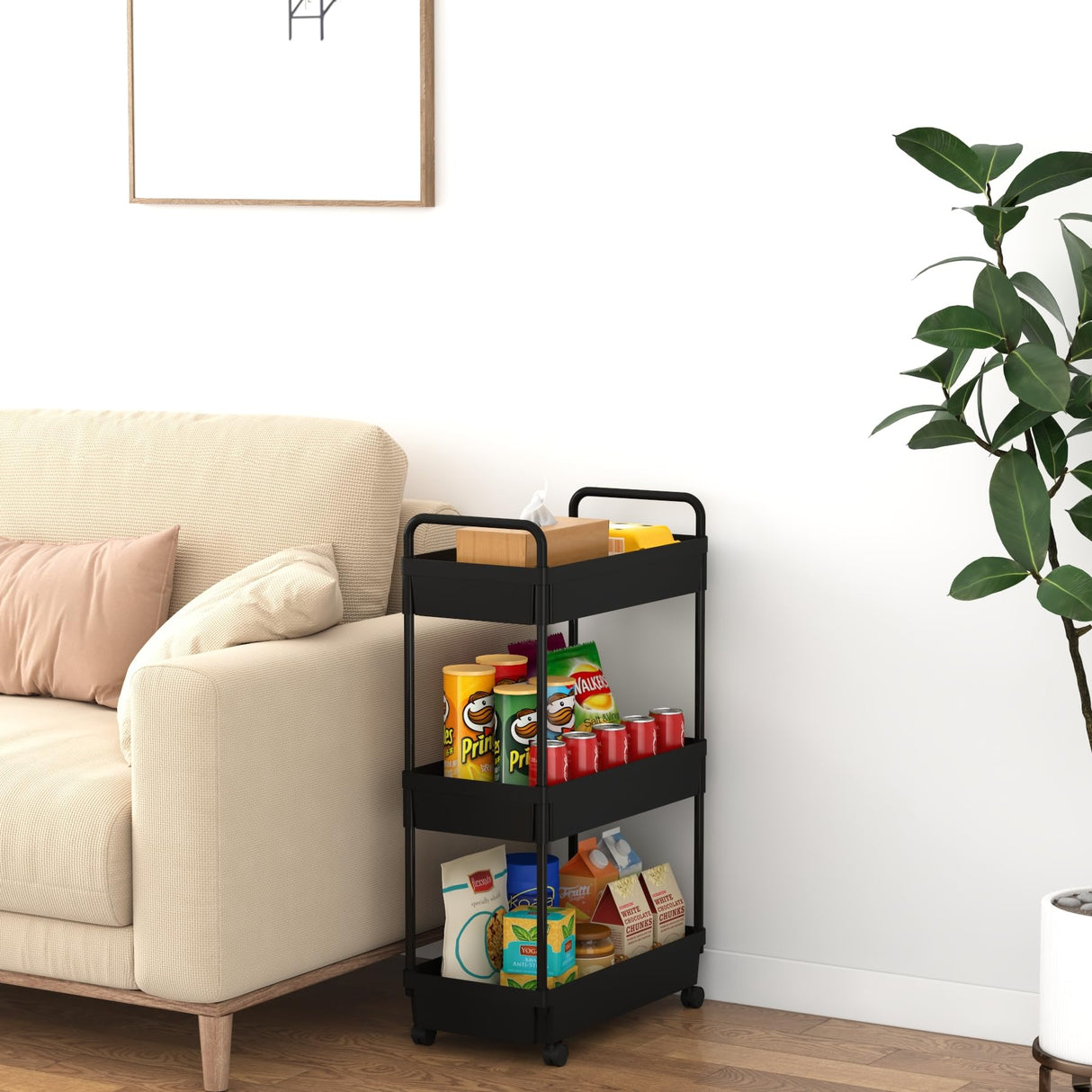 Kaitiemoo 3-Tier Storage Cart,Shelf Organizer Mobile Shelving ,Utility Rolling Cart,Multifunction Movable Storage Organizer with Lockable Wheels,Black Kaitiemoo