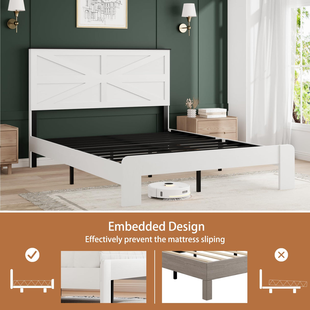 madeslves Farmhouse Full Size Wooden Bed Frame with Headboard, Boho Platform Bedframe, Sturdy Metal Slats Support, No Box Spring Needed, Noise Free, Easy Assembly, White madeslves