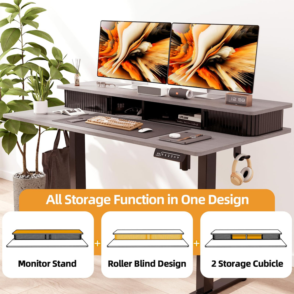 JOY worker Height Adjustable Electric Standing Desk with Storage Shelves, 55Inch Table with Built-in Monitor Stand, Sit Stand Desk with 2 Hooks for Home Office, Grey Desktop & Black Frame JOY worker